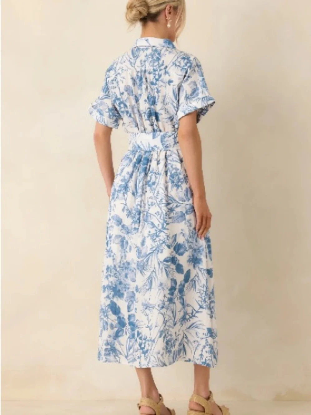 SPRINGTIME SPLENDOR WHITE & BLUE FLORAL BELTED MIDI DRESS Dress Forum Los An - Picture 3 of 8